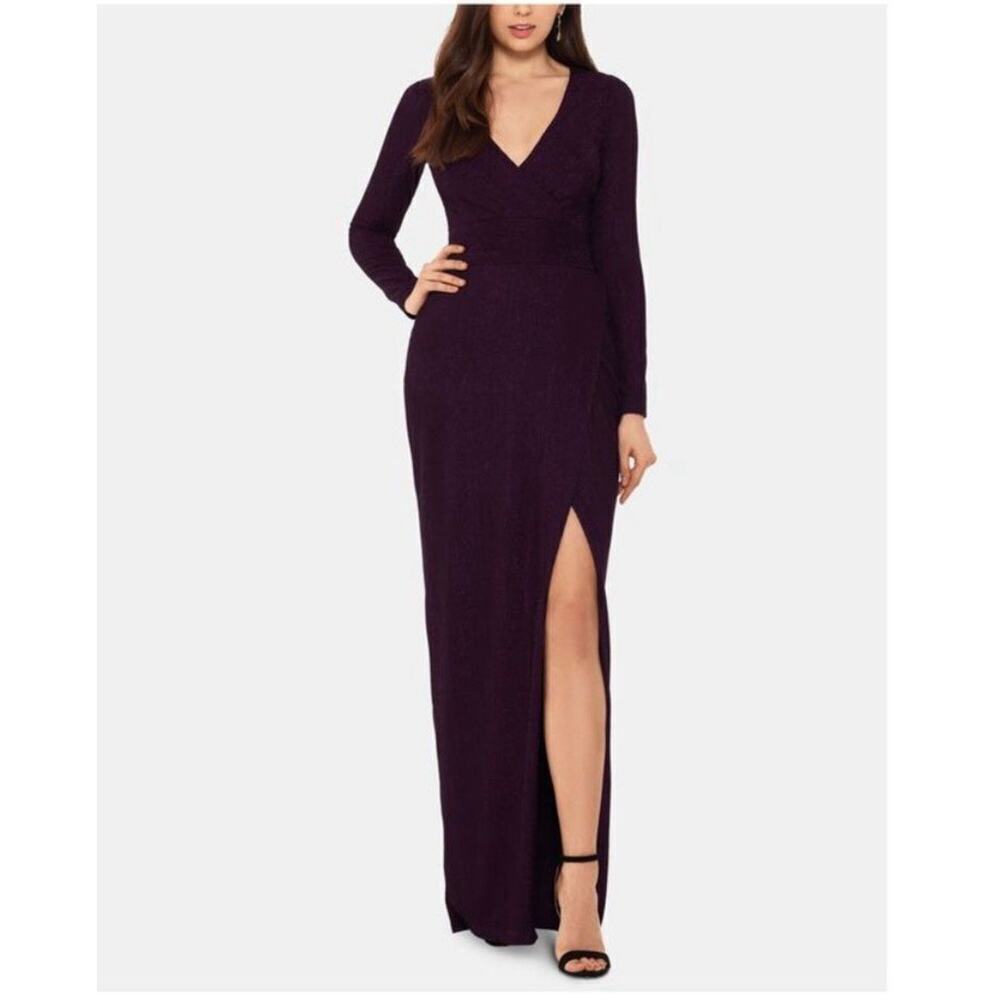 Betsy & Adam Purple Ruffled Side-Slit Gown - Size 4 Gala / Prom / Wedding Guest.